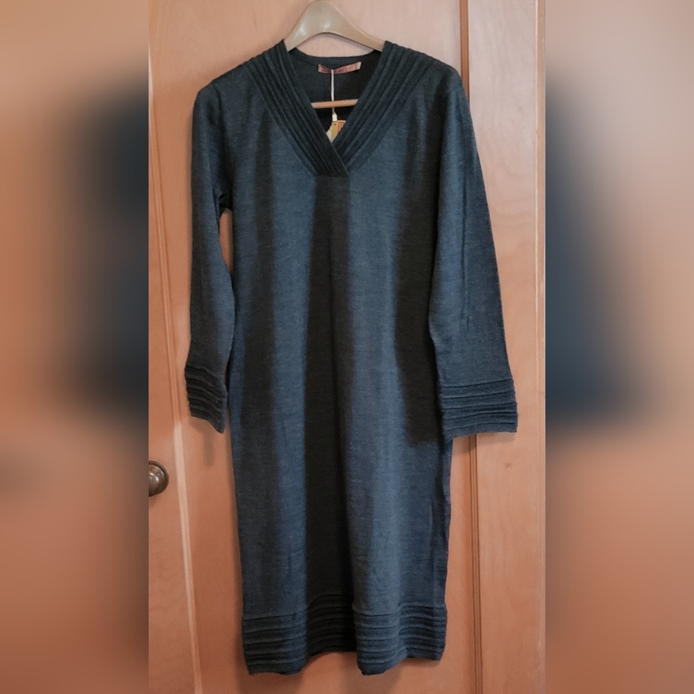 Elegant Gray Green Long Sleeve Dress Alpaca Wool Dress Size 12